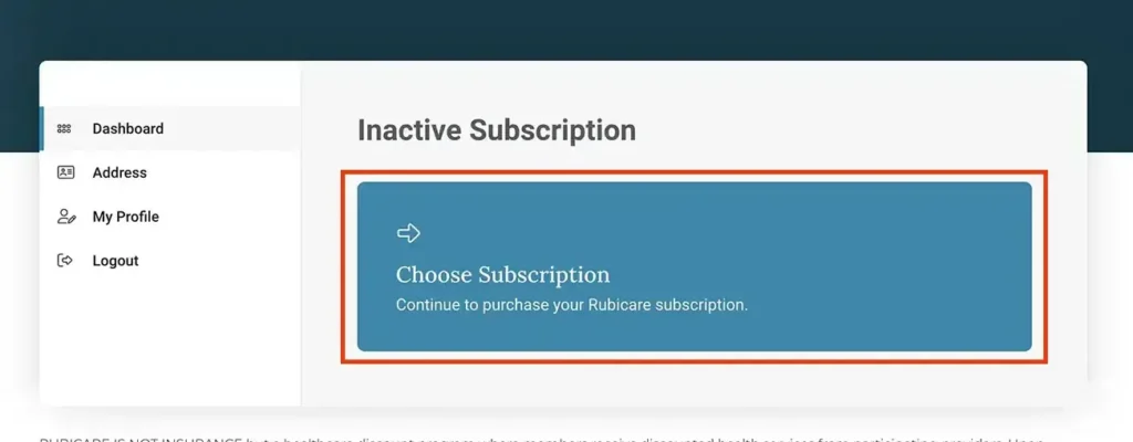 Dashboard of a Rubicare Health Savings Plan account showing an inactive subscription with an option to choose a subscription plan, highlighting Rubicare Help and the Sign Up process.