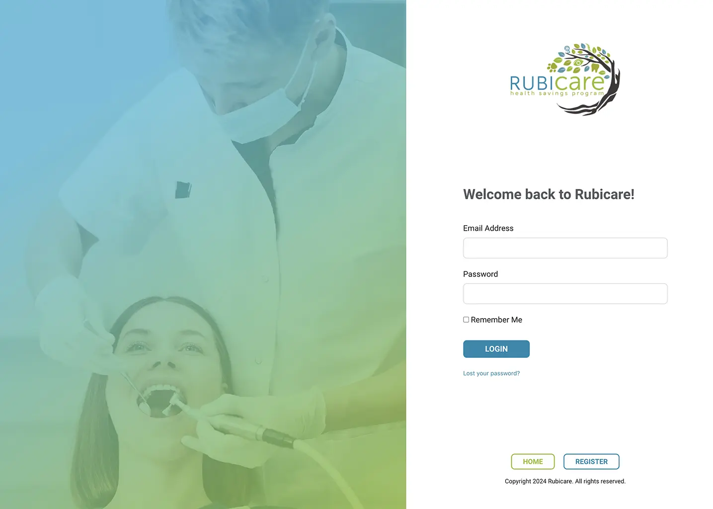 Rubicare login page with email and password fields