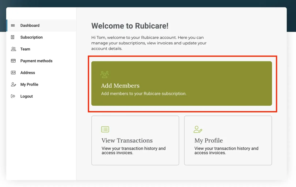 Welcome dashboard for Rubicare Subscription with options to add members, view transactions, and manage profile details.