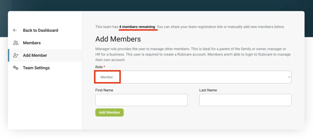 Adding members to Rubicare Subscription business plan, showing available member slots, role selection, and fields for first and last names.