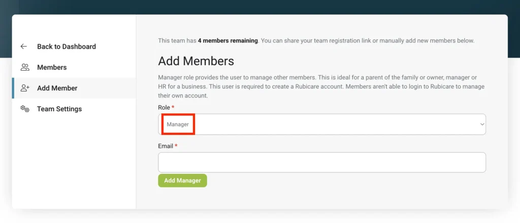 Adding members to Rubicare Subscription business plan, showing available member slots, role selection for manager, and email entry field.