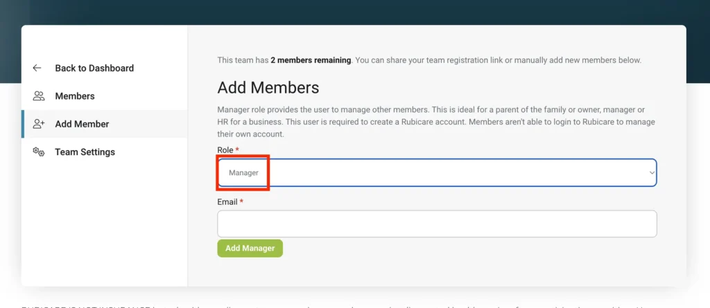 "Adding members to Rubicare Subscription with role selection and email entry, featuring a manager role and an add manager button."