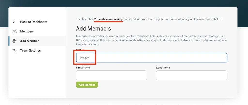 "Adding members to Rubicare Subscription with role selection and email entry, featuring a manager role and an add manager button."