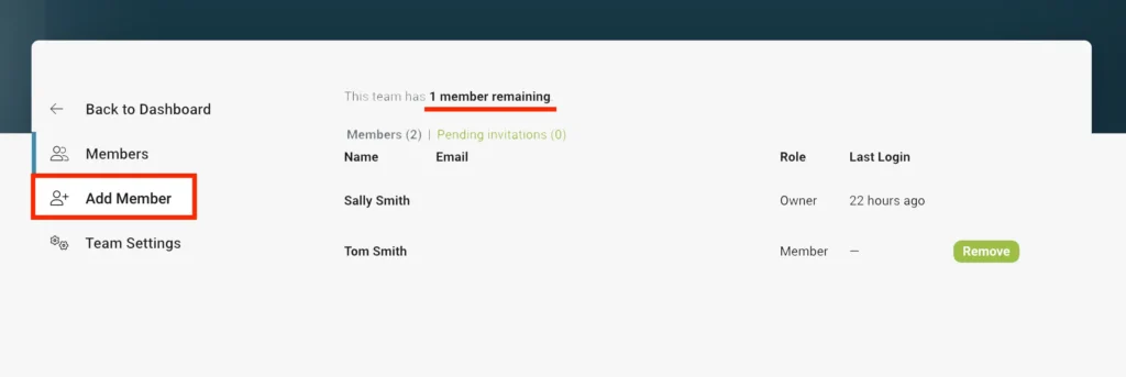 Member management page for Rubicare Subscription showing current members, their roles, and an option to add more members, with one member remaining.