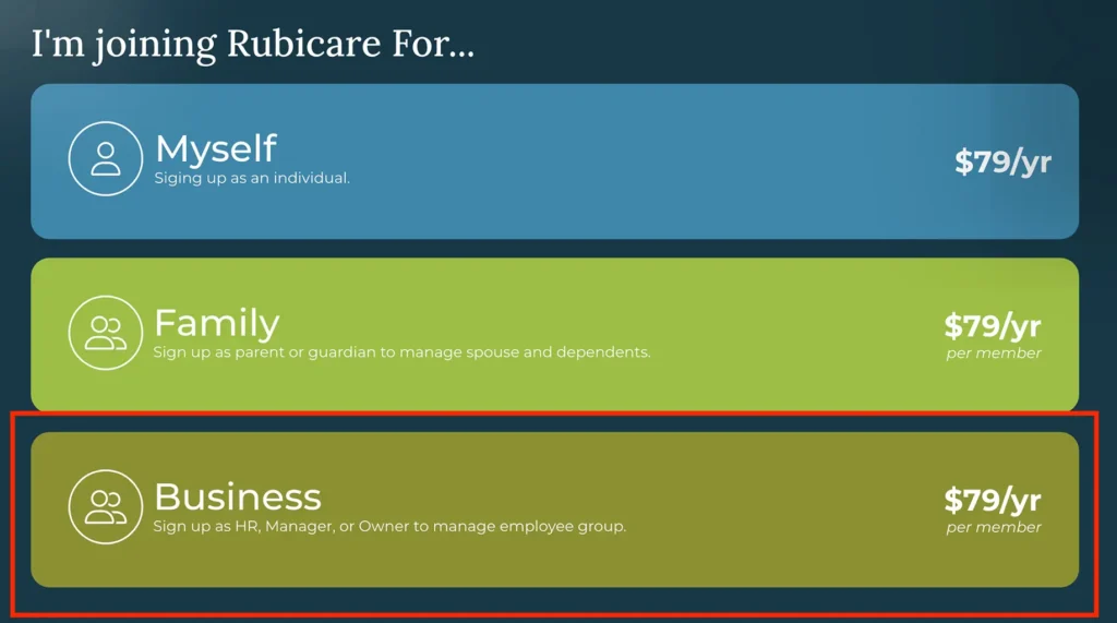 Subscription options for Rubicare Subscription, including plans for individuals, families, and businesses at  per year per member.