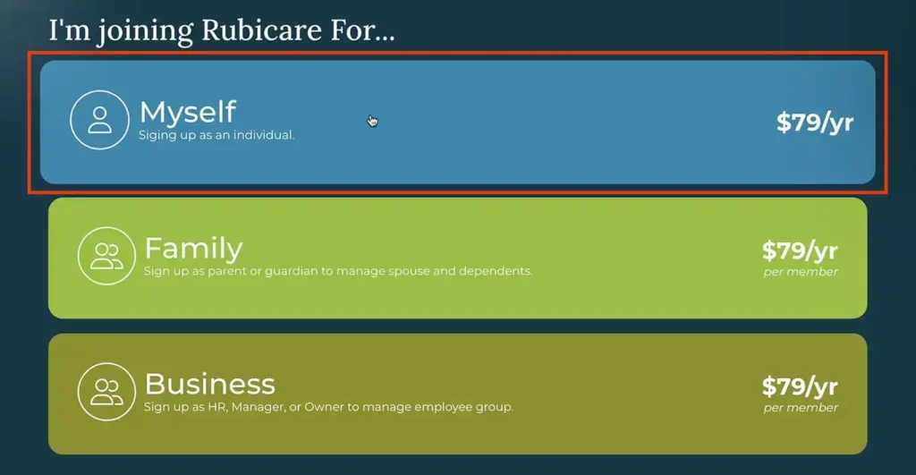 Options for joining Rubicare with plans for individuals, families, and businesses, each priced at  per year, highlighting Rubicare Help and the Sign Up process.