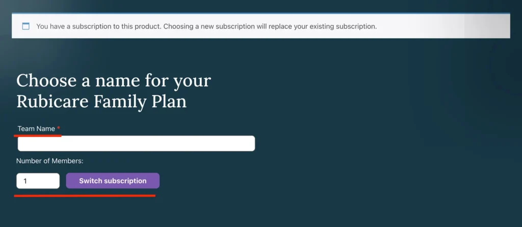 Upgrading Rubicare subscription to family from individual by choosing a name for the family plan and switching subscription