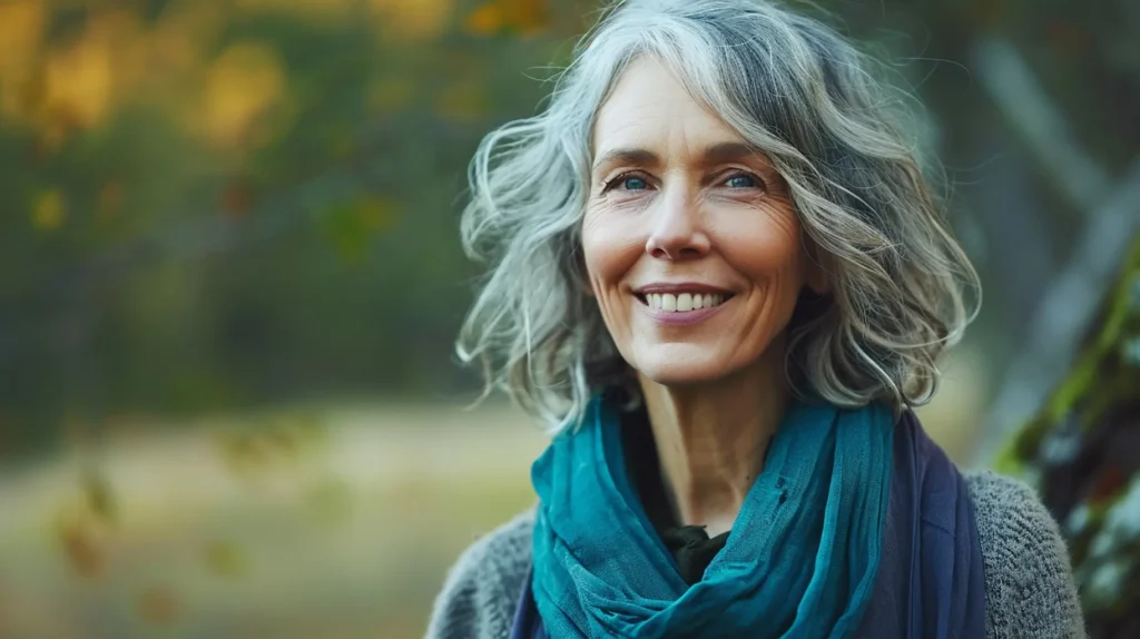 Smiling older woman with gray hair enjoying the outdoors, showcasing the benefits of dental implants and savings with the Rubicare Health Savings Plan.