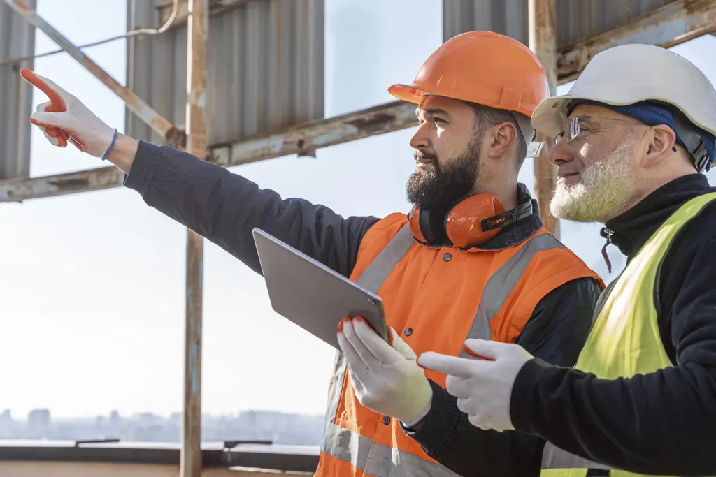 Two construction workers in safety gear discuss plans on a worksite, highlighting how to manage dental expenses with the Rubicare Dental Savings Plan.