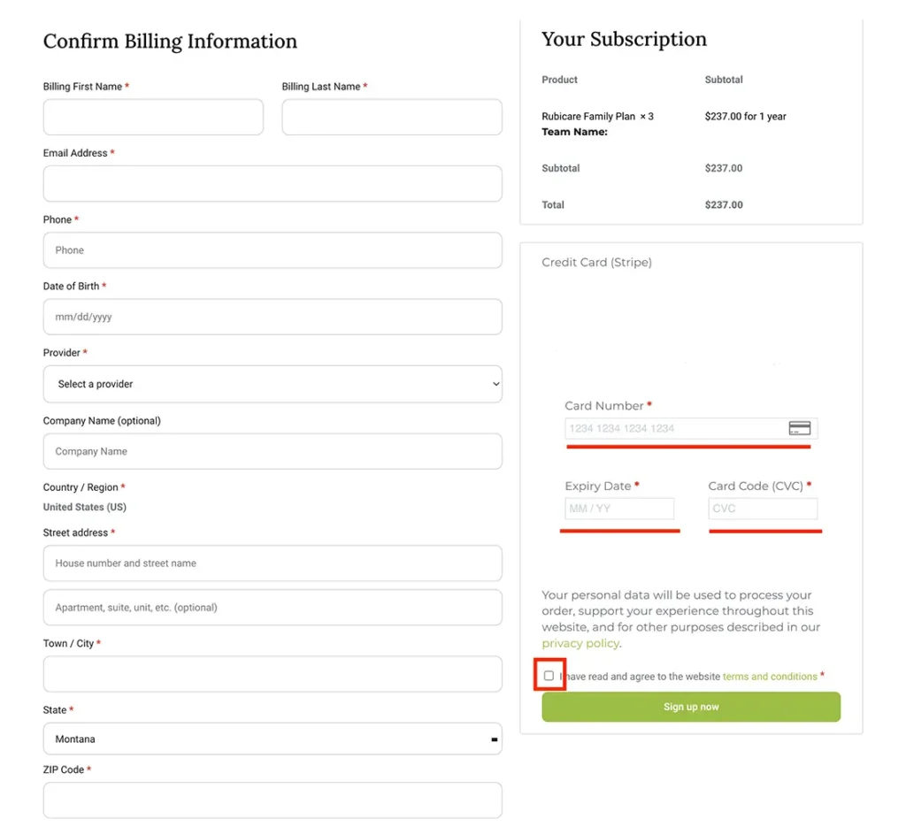 Checkout page for Rubicare Health Savings Plan, showing billing information fields and subscription details, emphasizing Rubicare Help and the Sign Up process.