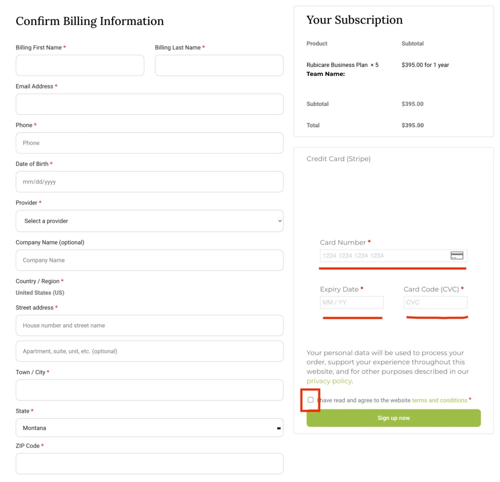 Billing information form for Rubicare Subscription business plan, including fields for personal details, address, credit card information, and subscription summary.