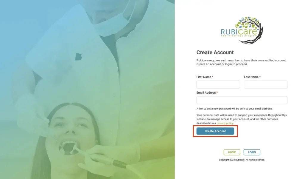 Create Account page for Rubicare Health Savings Program, showing fields for first name, last name, and email address with a "Create Account" button, emphasizing Rubicare Help and the Sign Up process.