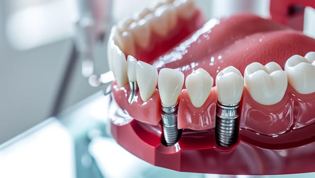 Close-up of dental implants model, illustrating how the Rubicare Health Savings Plan can make dental implants more affordable.