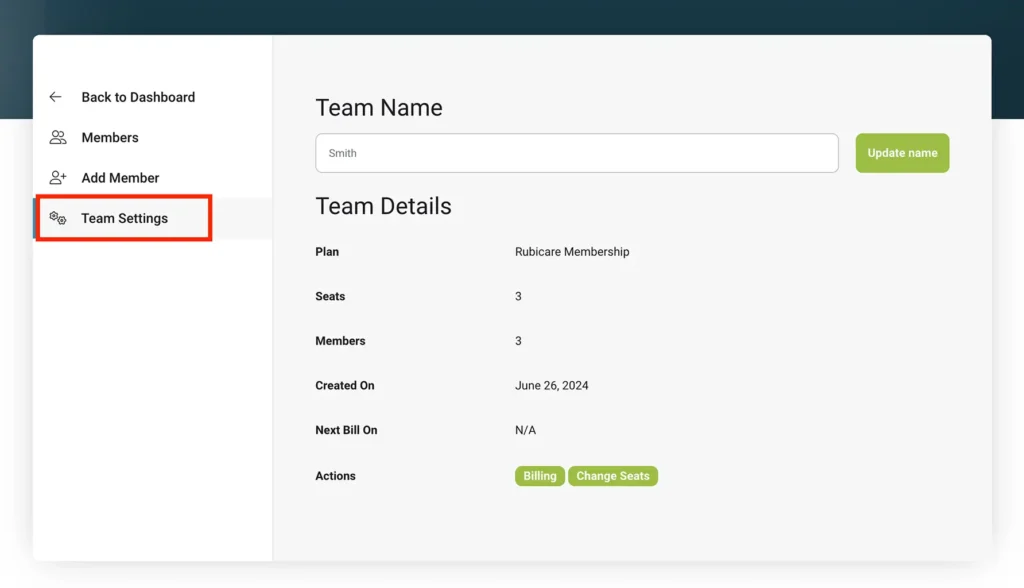 Team settings page for Rubicare Subscription showing team name, plan details, seats, members, creation date, and options for billing and changing seats.