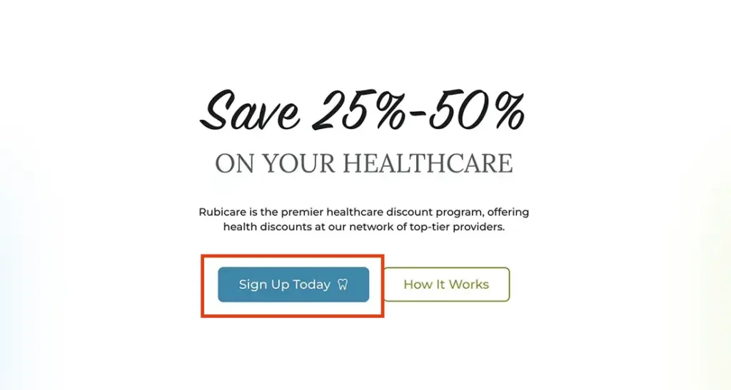 Homepage of Rubicare Health Savings Program, displaying an option to save 25%-50% on healthcare costs with a prominent "Sign Up" button, highlighting Rubicare Help for joining their healthcare discount program.