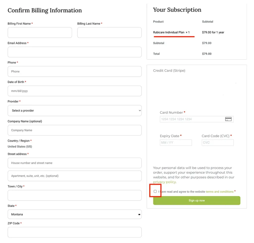 Individual Rubicare Subscription checkout page with billing information and payment details