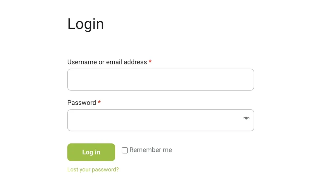 "Login page for Rubicare Subscription with fields for username or email address and password, and options to log in or recover a lost password."