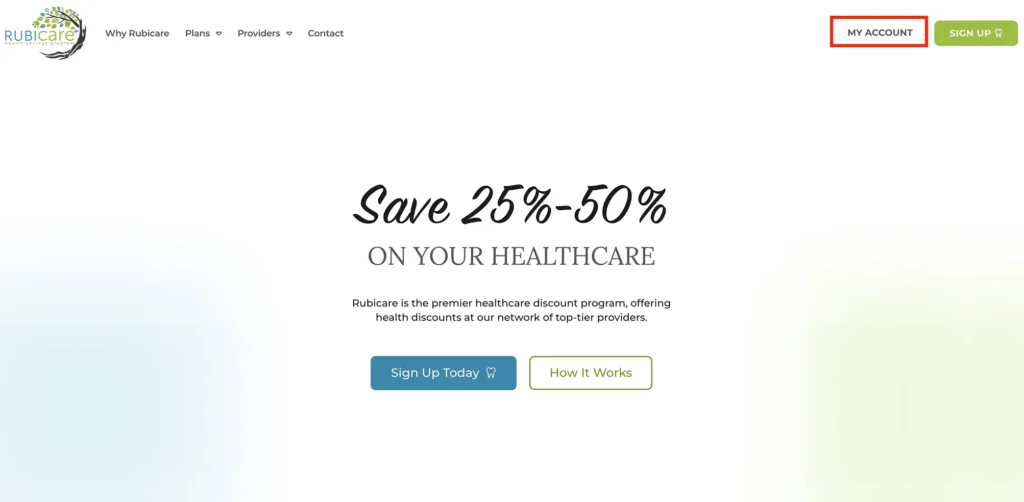 Rubicare subscription options highlighted on homepage with buttons for 'Sign Up Today' and 'How It Works