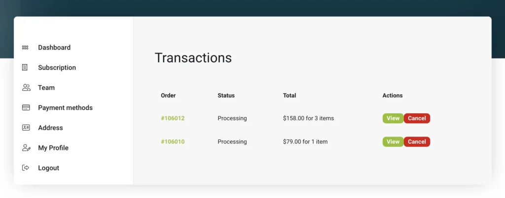 Rubicare Dashboard showing transactions and order details