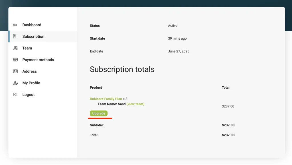 Rubicare Dashboard showing subscription totals and upgrade option