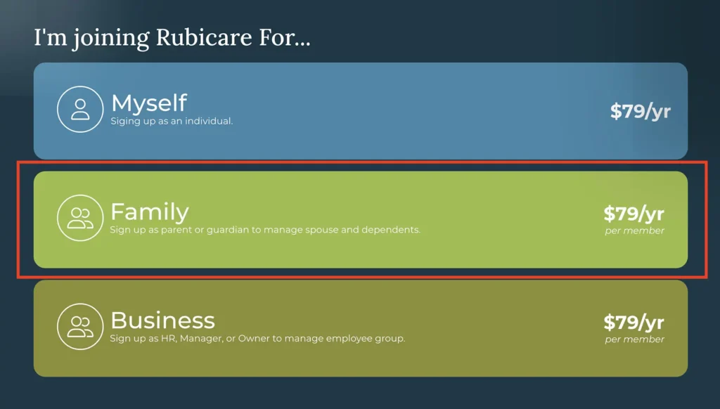 Options for joining Rubicare with plans for individuals, families, and businesses, each priced at  per year, highlighting Rubicare Help and the Sign Up process.