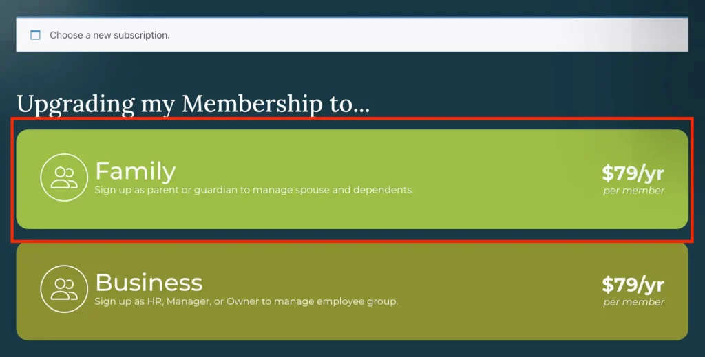 Upgrading Rubicare subscription to family from individual with membership options displayed for family and business
