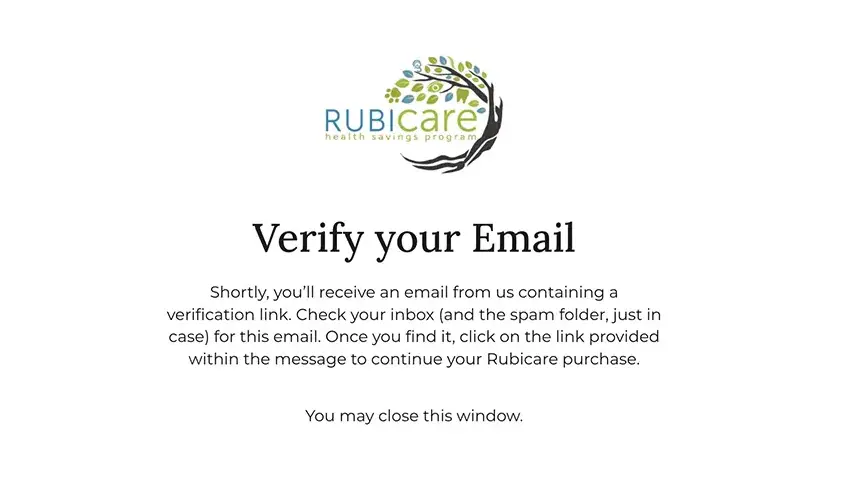 Verify your Email page for Rubicare Health Savings Program, instructing users to check their inbox for a verification link, emphasizing Rubicare Help and the Sign Up process.