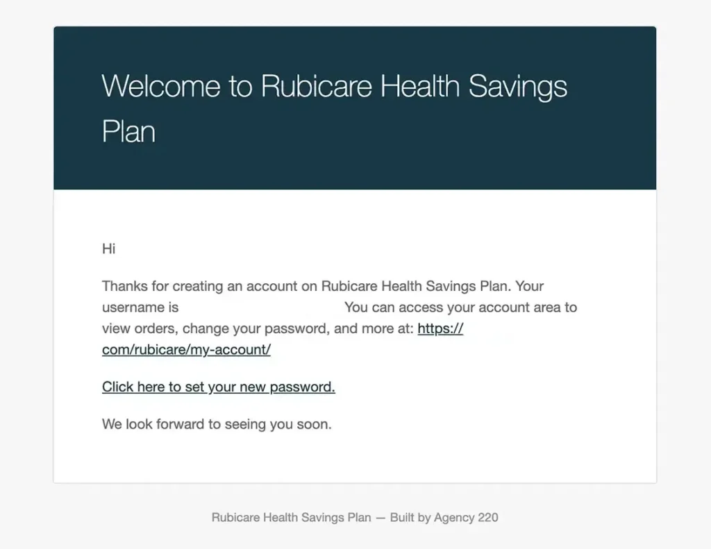 Welcome email from Rubicare Health Savings Plan, providing the username and a link to set a new password, highlighting Rubicare Help and the Sign Up process.