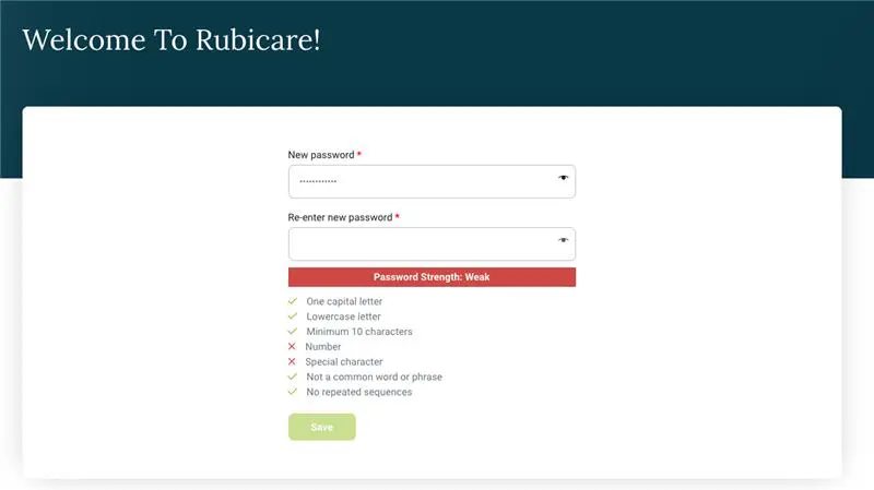 Rubicare password reset page showing password strength as 'Weak'. The new password field is partially filled, with a checklist of password requirements indicating that some criteria are met and others are not, such as special character and number. The 'Save' button is displayed at the bottom.