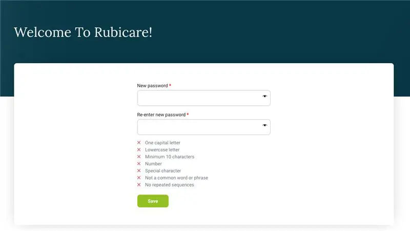 Rubicare password reset page with fields for entering and re-entering a new password, along with a checklist of password requirements including one capital letter, lowercase letter, minimum 10 characters, number, special character, not a common word or phrase, and no repeated sequences. The 'Save' button is displayed at the bottom.