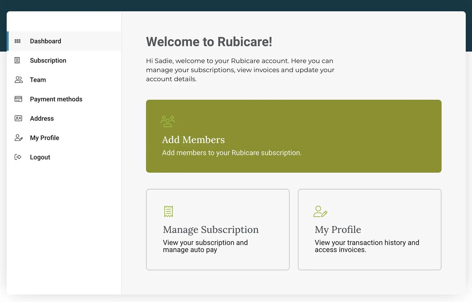 Rubicare account dashboard with a welcome message for the user, offering options to add members, manage subscriptions, and view profile details. The 'Add Members' section is prominently displayed, enabling users to add members to their Rubicare subscription.