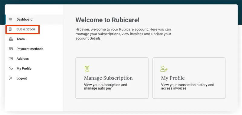 Rubicare account dashboard with a welcome message for the user, highlighting the 'Subscription' section in the left sidebar. Options to manage subscriptions and view profile details are displayed prominently on the main screen.