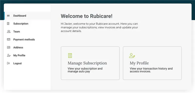 Rubicare account dashboard interface showing options to manage subscription, view team, payment methods, address, profile, and logout, designed to help users efficiently handle their Rubicare account details.