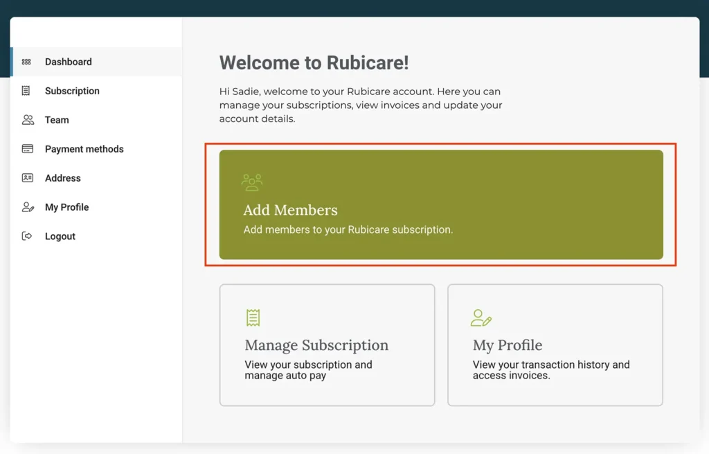 Rubicare account dashboard with a welcome message for the user, providing options to manage subscriptions, add members, and view profile details. The 'Add Members' section is highlighted, allowing users to add members to their Rubicare subscription.