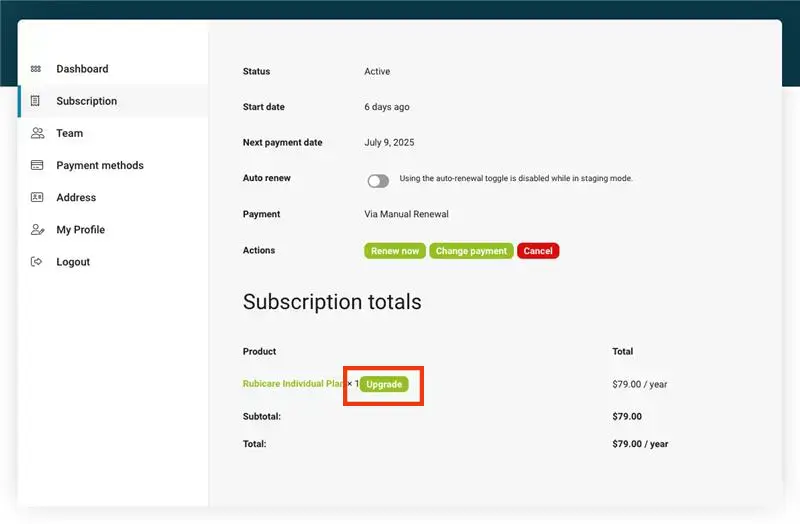 Rubicare account dashboard displaying an active subscription with details such as the start date, next payment date, manual renewal option, and subscription totals for the individual plan costing  per year.