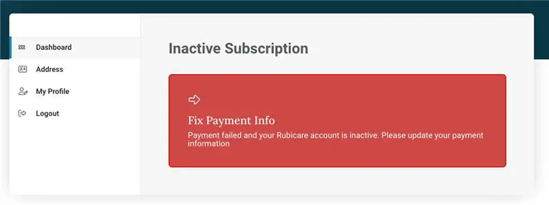 Rubicare account dashboard showing an inactive subscription due to failed payment with a red notification message asking the user to update their payment information.