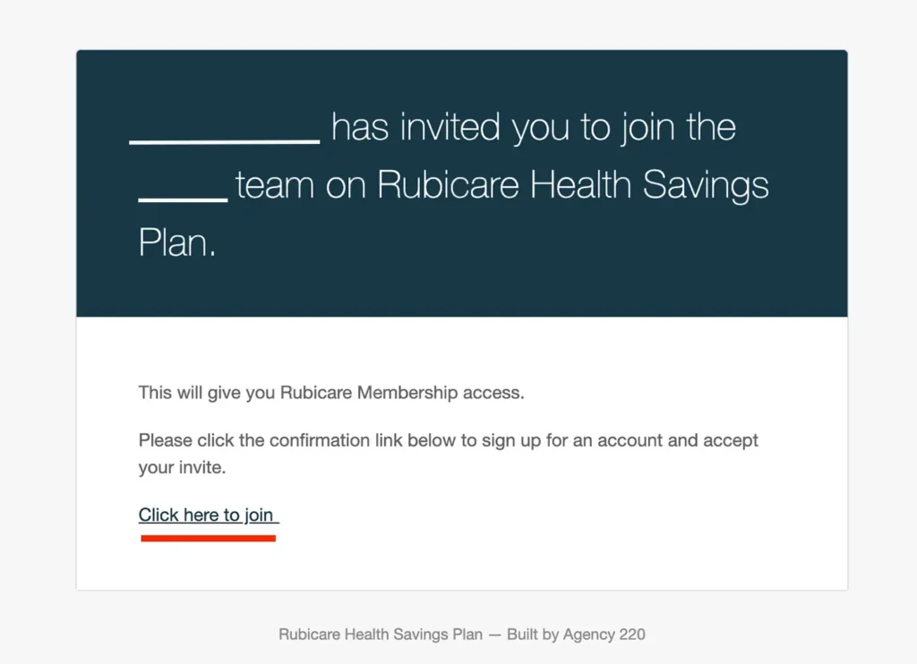 Invitation email for upgrading to a Rubicare Family Subscription, as a manager for that account. The email prompts the recipient to join the Rubicare Health Savings Plan by clicking a confirmation link.