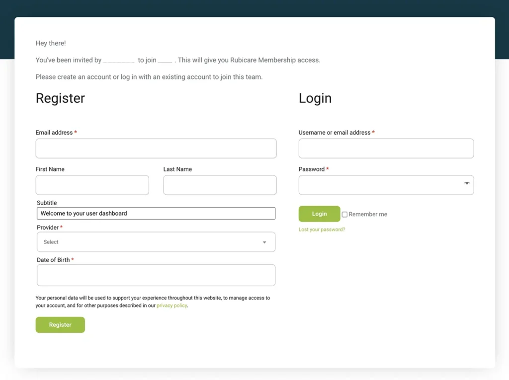 Registration and login page for upgrading to a Rubicare Family Subscription through a manager account, showing fields for email address, name, provider, and date of birth.