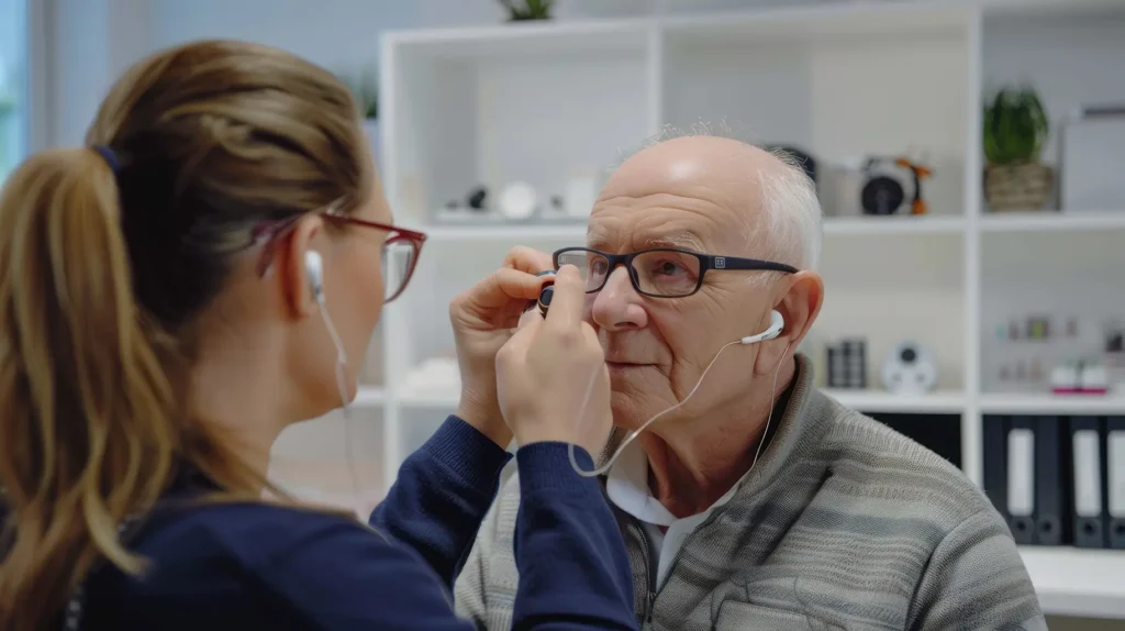 Audiologist fitting a hearing aid for a senior patient, with services covered under Rubicare’s health savings plan.